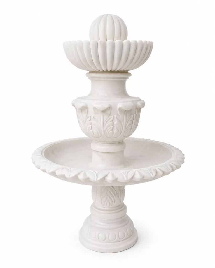 Handcrafted White Marble Bloom Fountain by Pakistan Marble & Onyx featuring elegant floral-inspired carving for luxury homes, hotels, villas, gardens, courtyards, landscape architecture, resorts, and premium decorative water features.