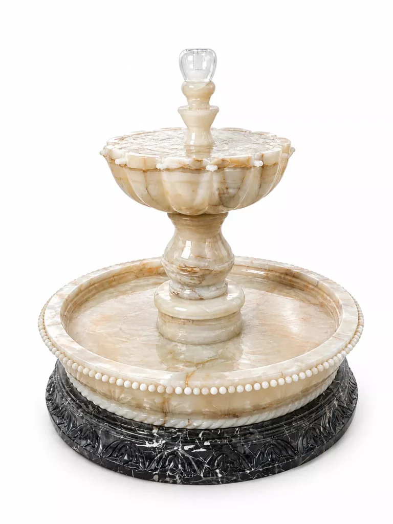 Afghan White Onyx & Black Marble Luxury Fountain handcrafted by Pakistan Marble & Onyx for luxury gardens, villas, hotels, landscape projects, and outdoor water features.