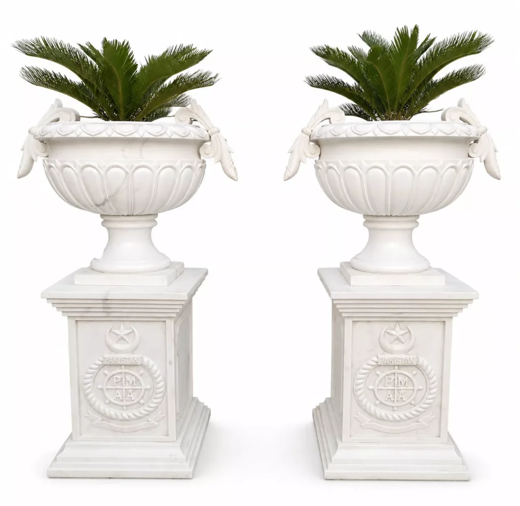 Royal Classic White Marble Planter on Pedestal handcrafted by Pakistan Marble & Onyx for luxury gardens, hotels, villas, and worldwide export.