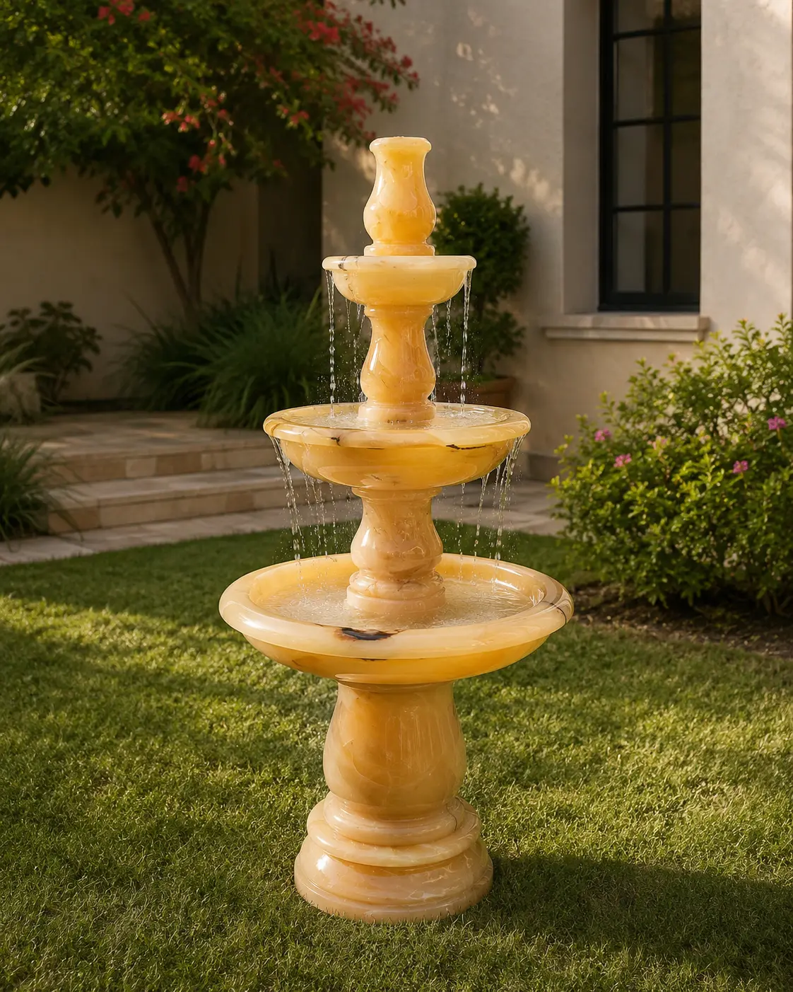Honey Onyx fountain in a garden marble fountain