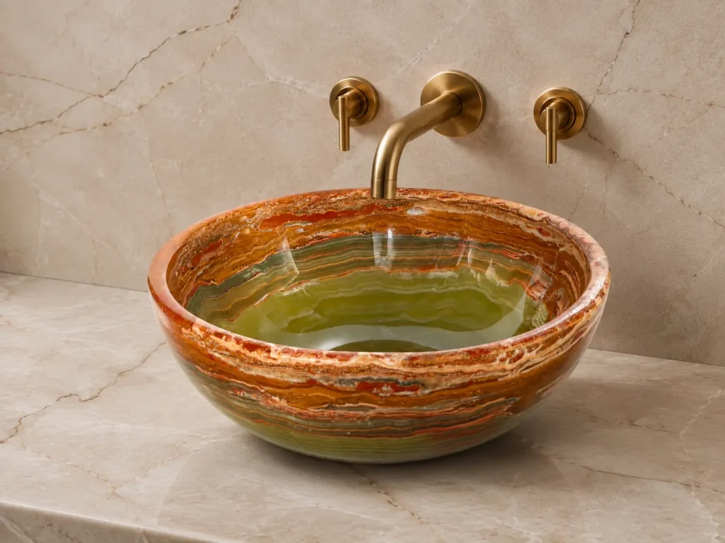 Multi green onyx sink and wash basin with natural amber and green banding, handcrafted vessel sink by Pakistan Marble & Onyx