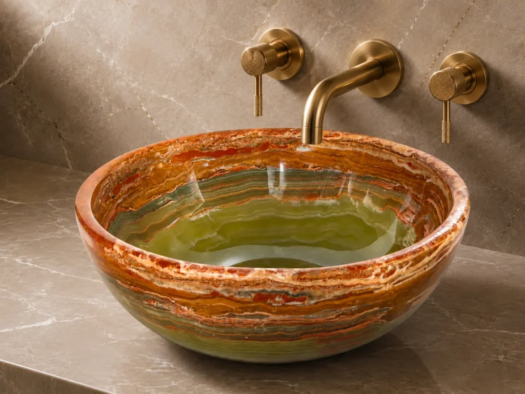 Multi green onyx sink and bowl with natural amber and green banding, handcrafted vessel sink by Pakistan Marble & Onyx