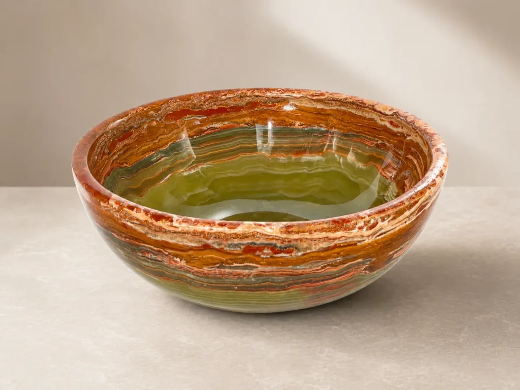 Multi green onyx bowl and wash basin with natural amber and green banding, handcrafted vessel sink by Pakistan Marble & Onyx