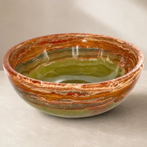 Multi green onyx bowl and wash basin with natural amber and green banding, handcrafted vessel sink by Pakistan Marble & Onyx