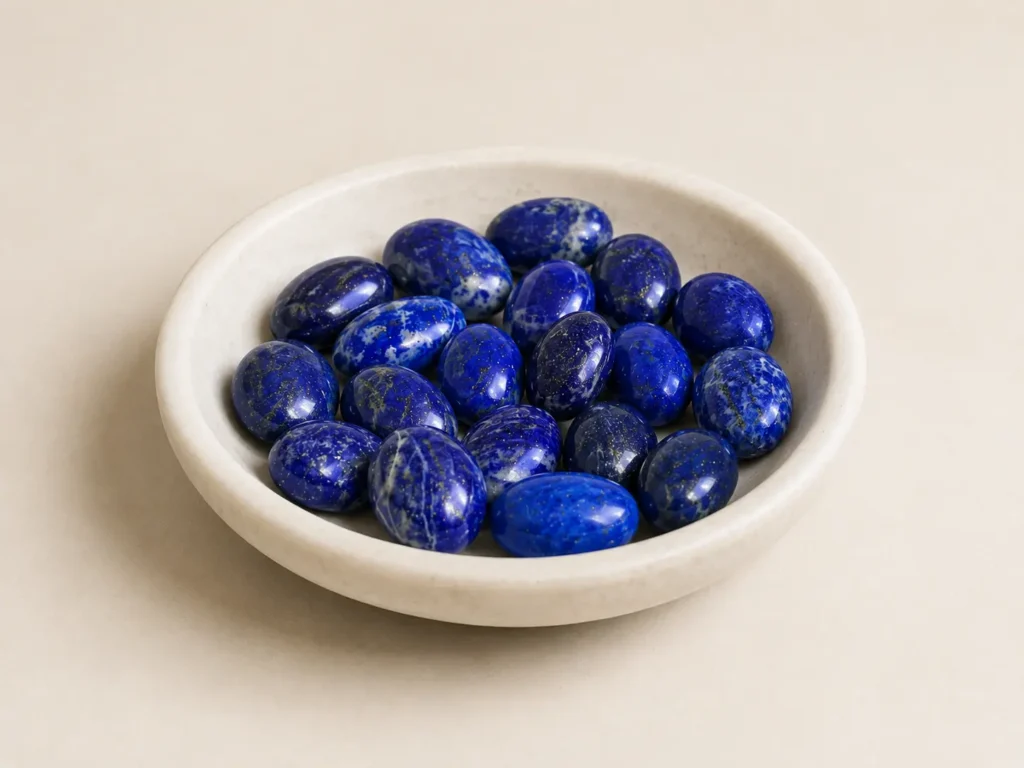 Natural polished lapis lazuli stone beads with unique blue tones and mineral patterns