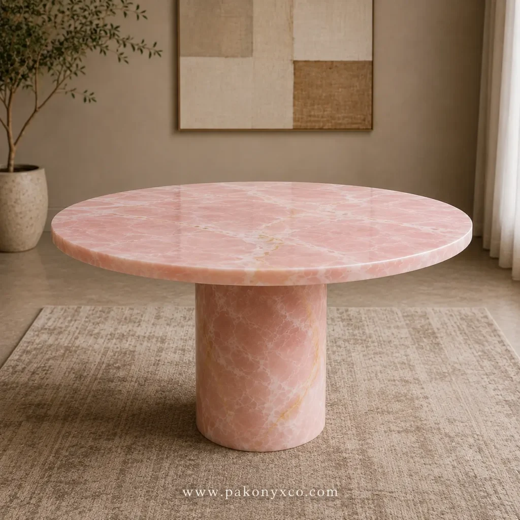 marble and onyx tabletop pink onyx round dining table, blue onyx tabletop with amber veining, lapis lazuli tabletop with gold flecks, honey onyx sunburst pattern tabletop, white onyx translucent tabletop, white marble tabletop with gold veining