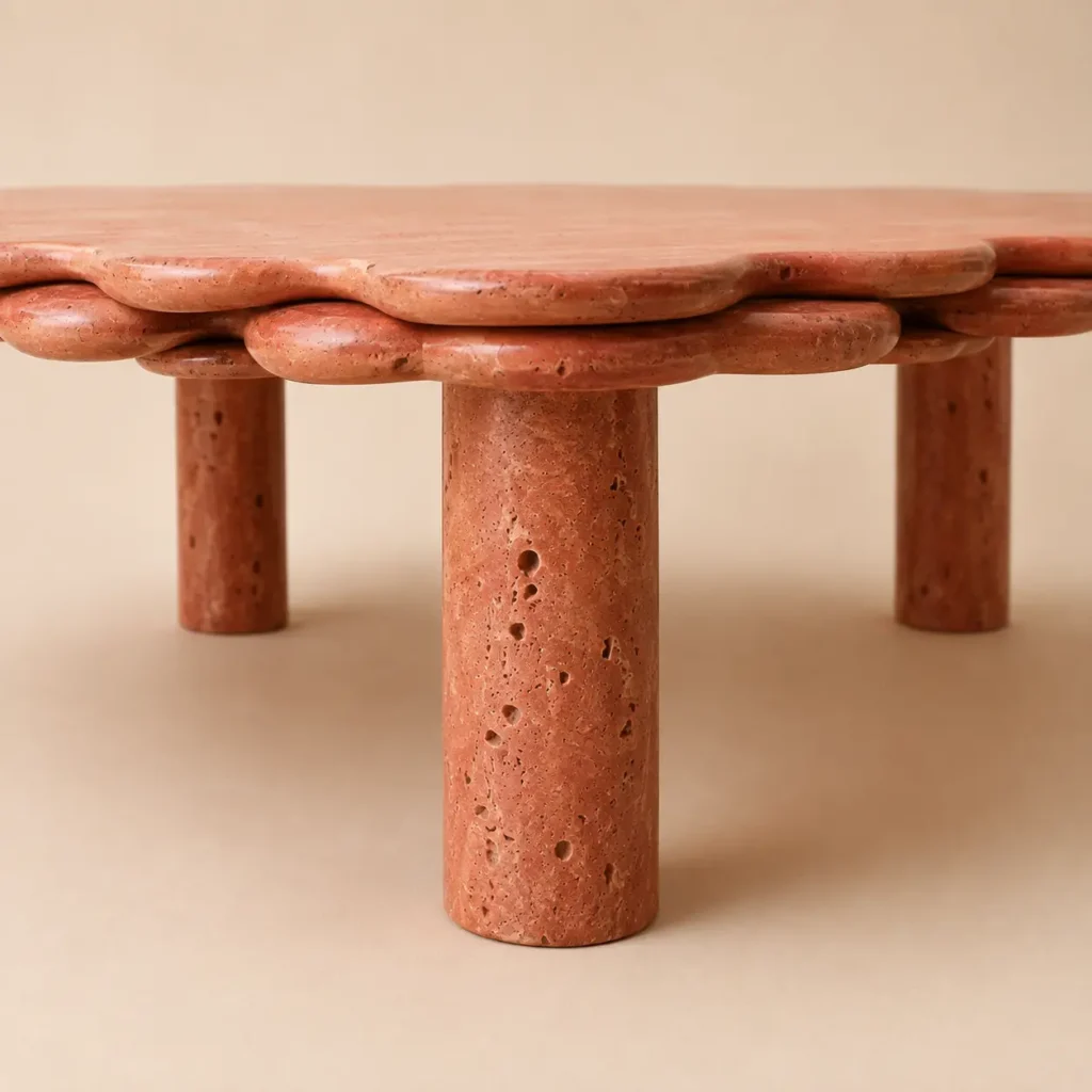 red travertine center table with scalloped edge and cylindrical legs, handcrafted by Pakistan Marble & Onyx