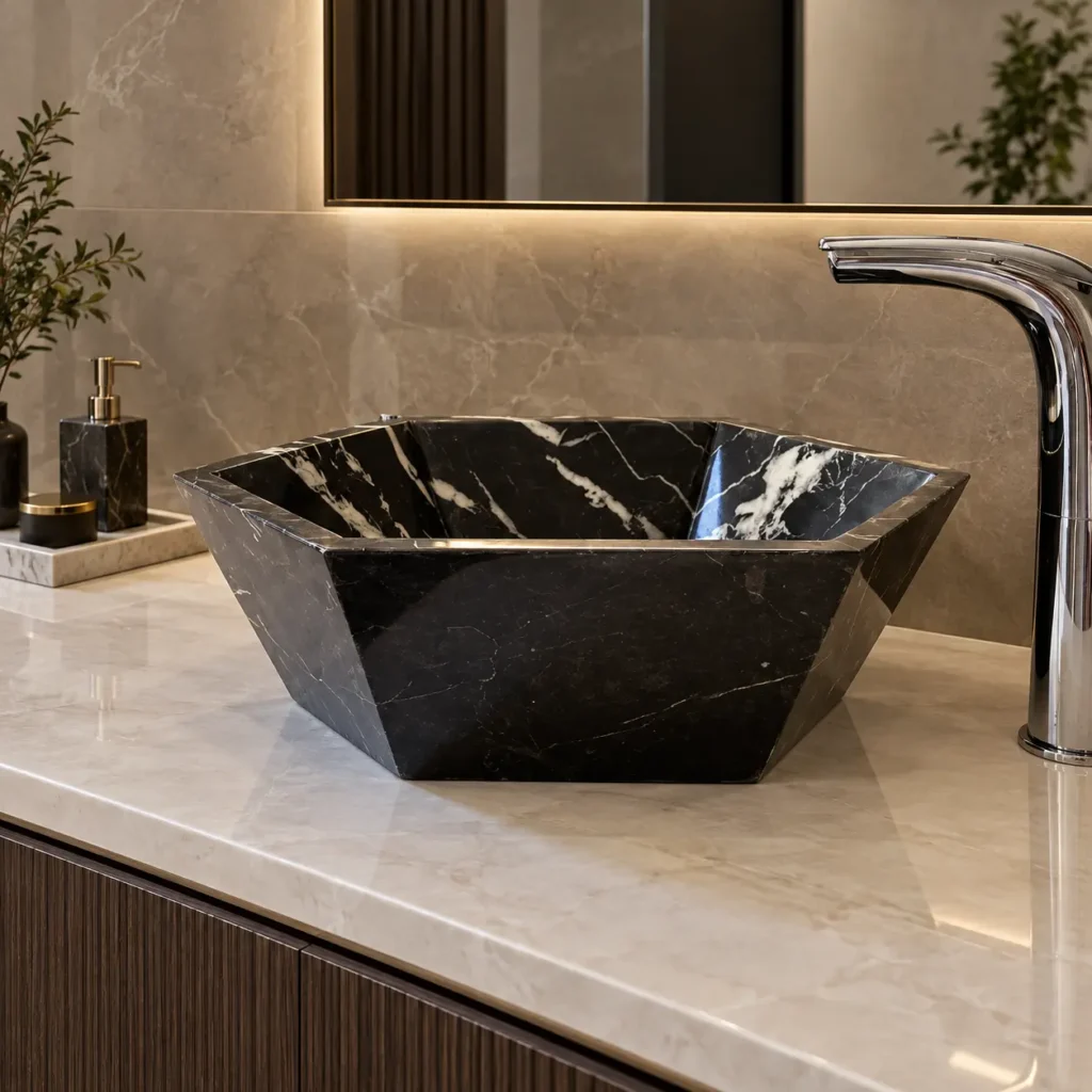 Black Marble Hexagon Sink by Pakistan Marble & Onyx