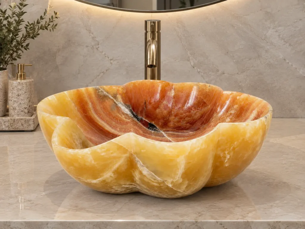 Natural Honey Onyx Sink with golden and amber tones by Pakistan Marble and Onyx