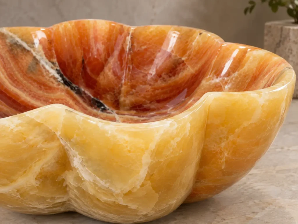 Natural Honey Onyx Sink with golden and amber tones by Pakistan Marble and Onyx