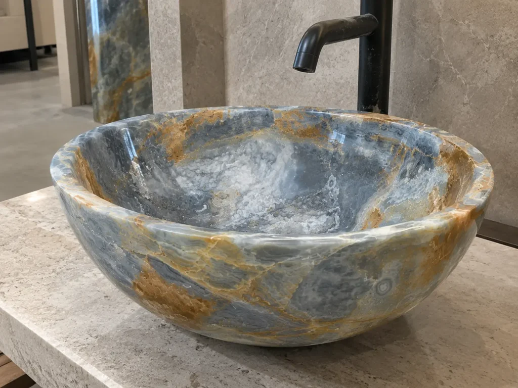 Irani Blue Onyx Round Vessel Sink by Pakistan Marble and Onyx