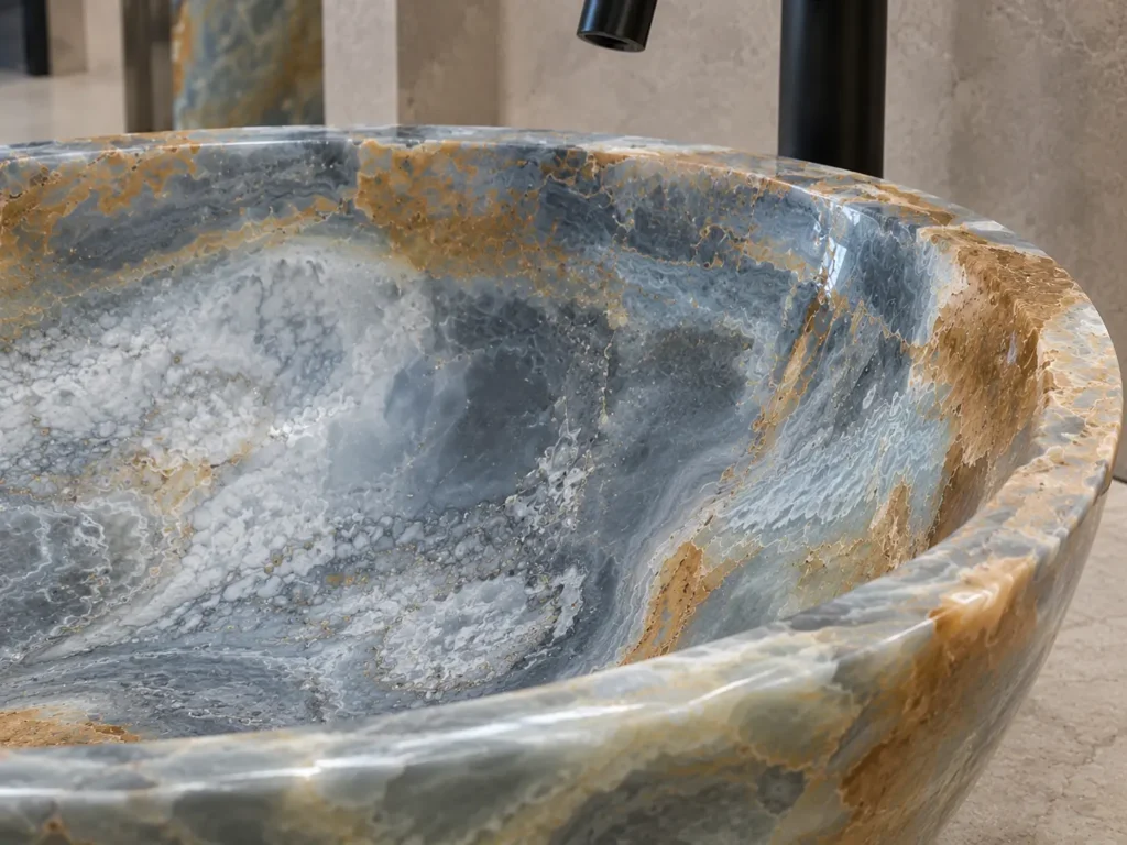 Blue Onyx Round Vessel Sink by Pakistan Marble and Onyx