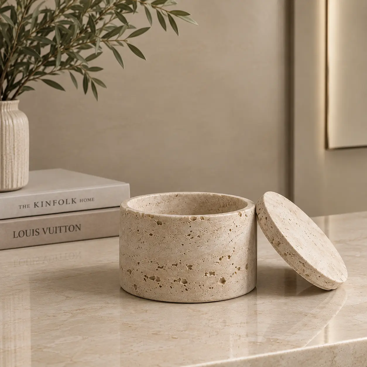 Travertine jewelry box and jar with lid at pakonyx