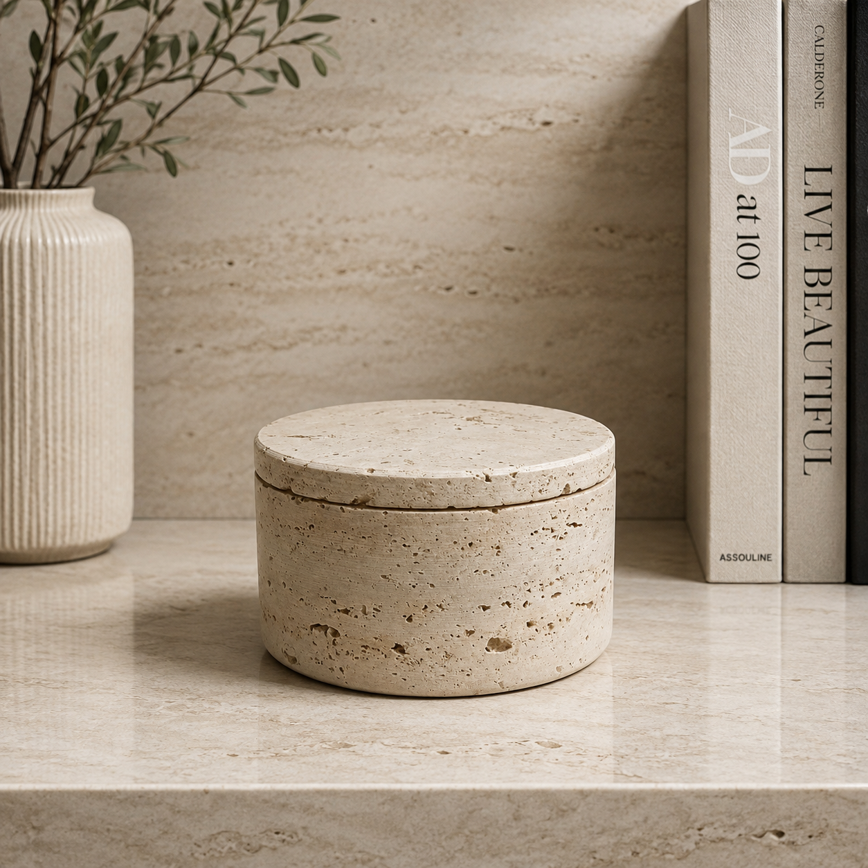 Travertine jewelry box and jar with lid