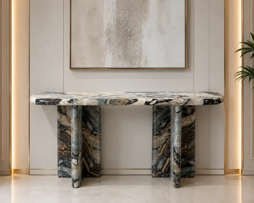 Calacatta Viola Marble Console Table with natural dramatic veining by Pakistan Marble and Onyx