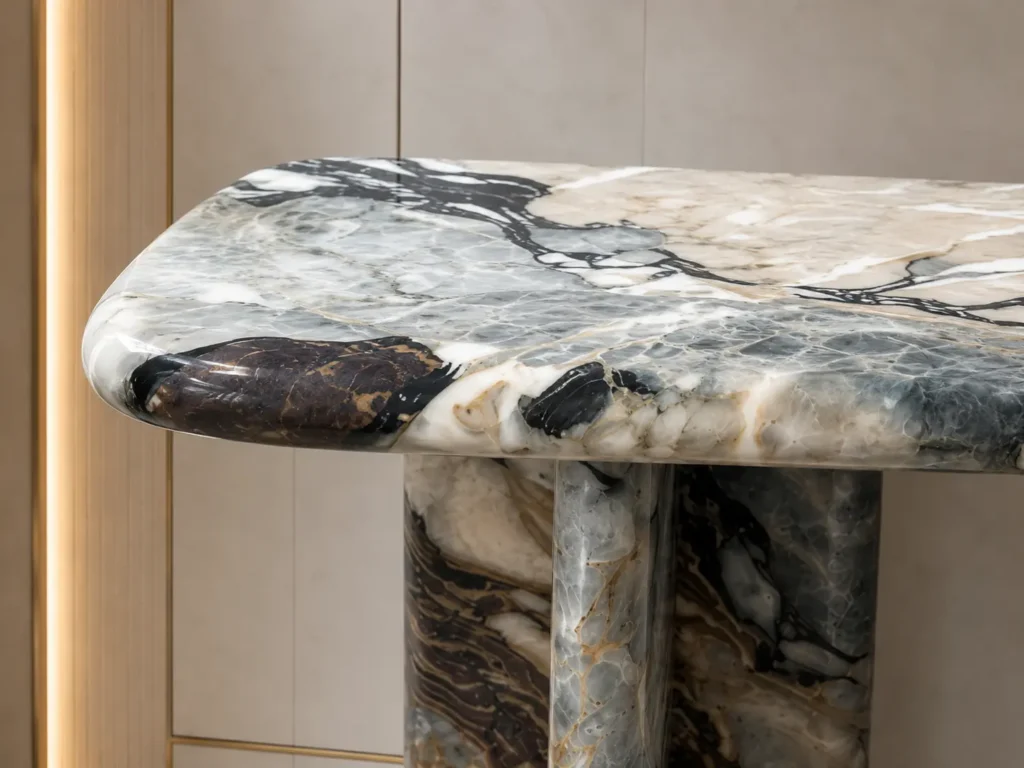 Calacatta Viola Marble Console Table with natural dramatic veining by Pakistan Marble and Onyx close up
